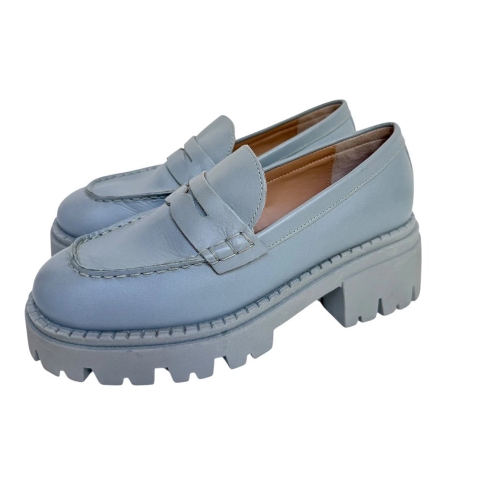 Free People Lyra Loafers Platform Blue Boardwalk Leather Lug Sole Sz 7